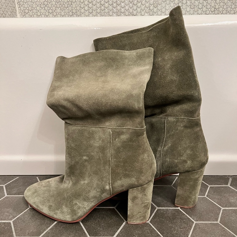 Olive suede midcalf boots. Chinese Laundry size 10. Never worn!